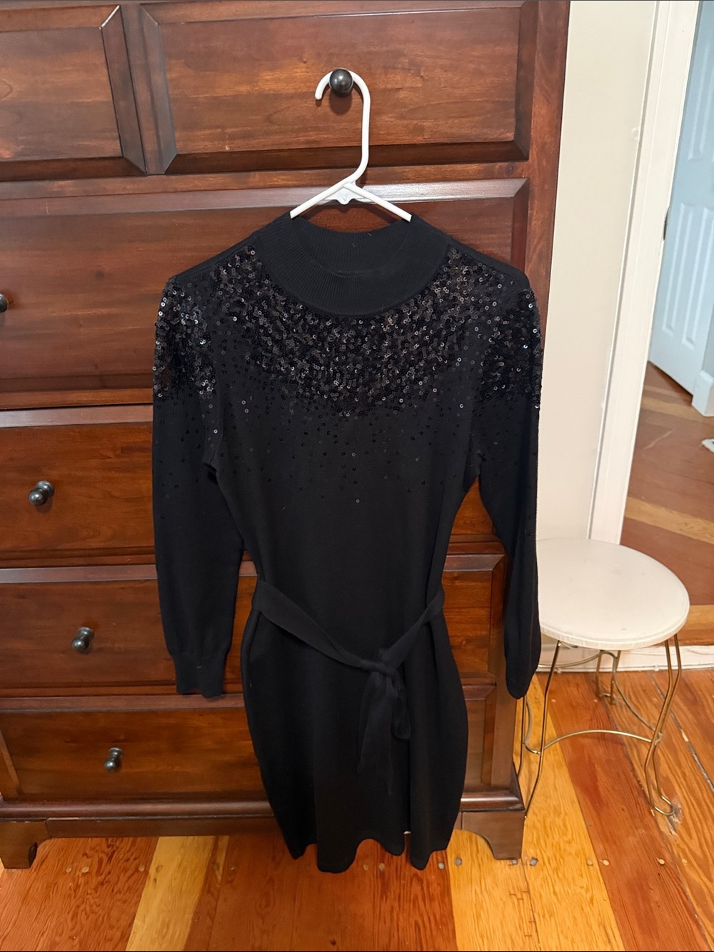 Vince Camuto Black Sequin Belted Sweater Dress - Women